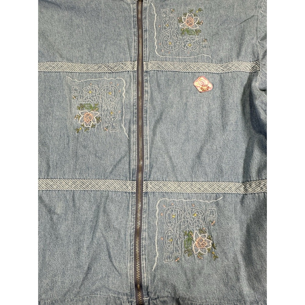 VINTAGE TEDDI Denim Full Zip Floral Embroidered Jean Jacket M/L - Picture 3 of 6
